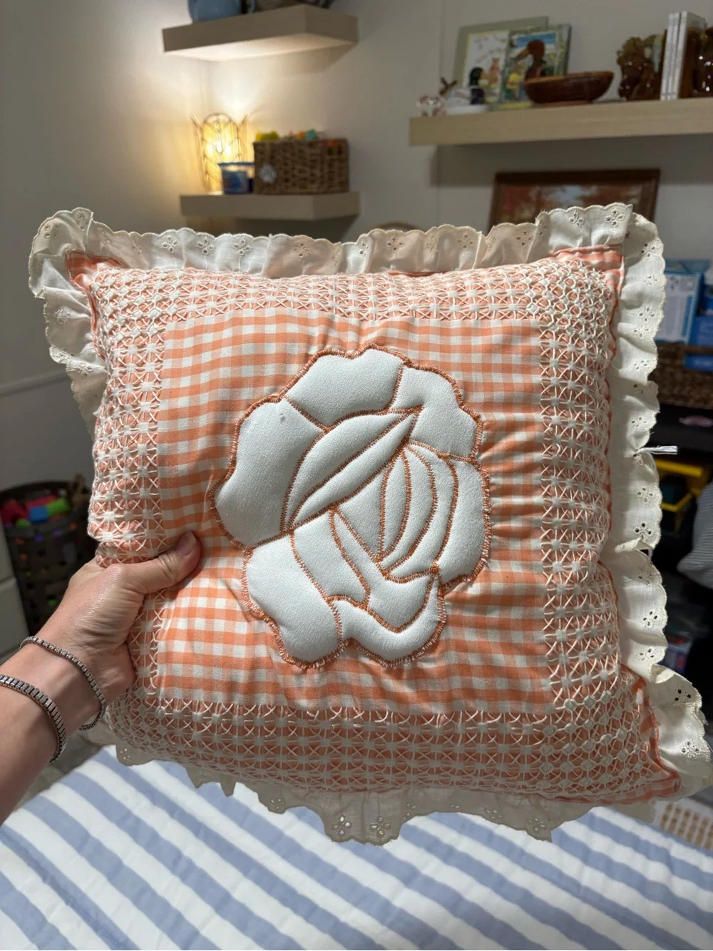 Vintage-Inspired Peach Gingham Decorative Pillow with Lace Trim